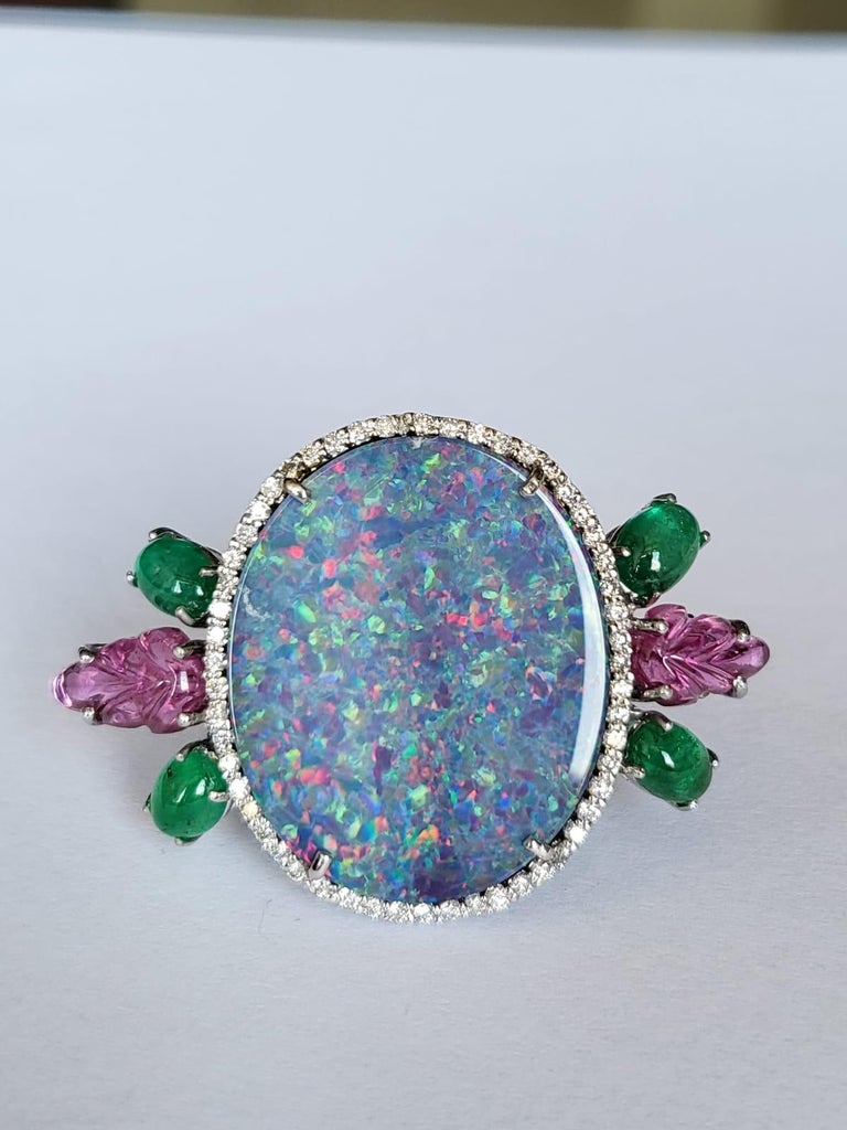 13.67 Carats Doublet Opal, Natural Emerald, Tourmaline & Diamonds Cocktail Ring