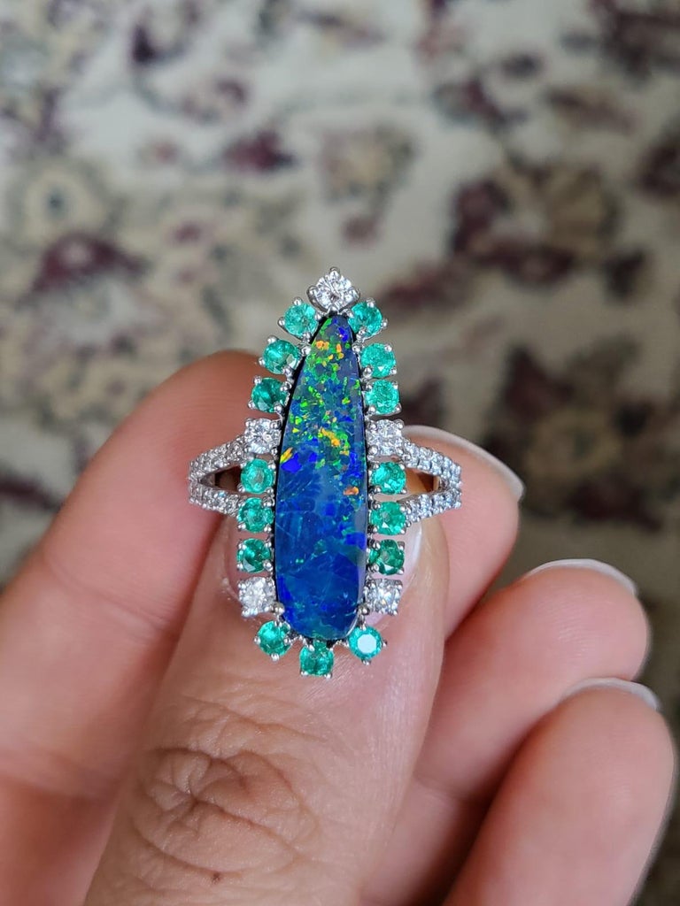 3.30 Carats, Australian Doublet Opal, Emerald & Diamonds Cocktail Ring