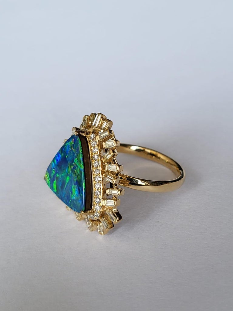 3.18 Carats, Doublet Opal & Yellow Tapered Baguette Diamonds Cocktail Ring