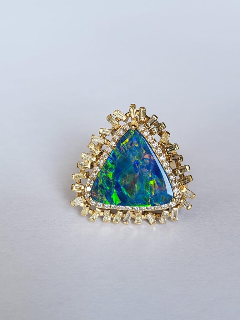 3.18 Carats, Doublet Opal & Yellow Tapered Baguette Diamonds Cocktail Ring