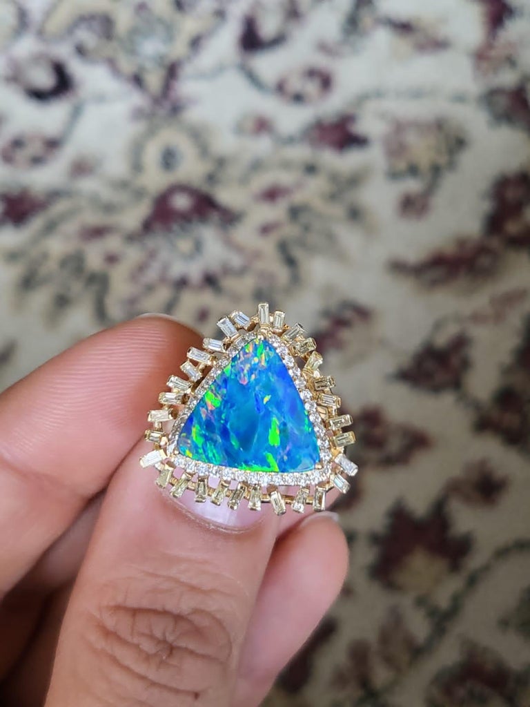 3.18 Carats, Doublet Opal & Yellow Tapered Baguette Diamonds Cocktail Ring