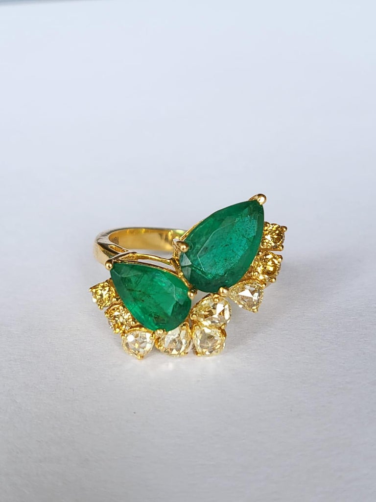 2.65 Carats, Natural Zambian Emerald & Yellow Rose Cut Diamonds Engagement Ring