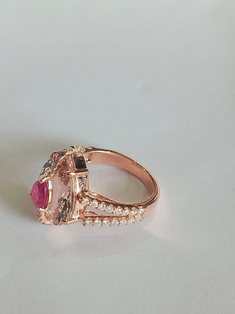 Set in 18K Rose Gold, 4.99 carats, Morganite, Ruby & Diamonds Engagement Ring