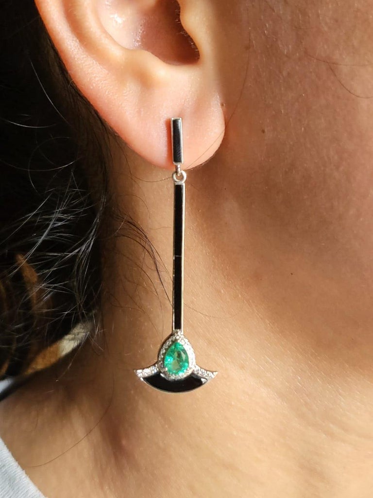 1.21 carats Natural Emerald, Black Enamel & Diamonds Chandelier Earrings
