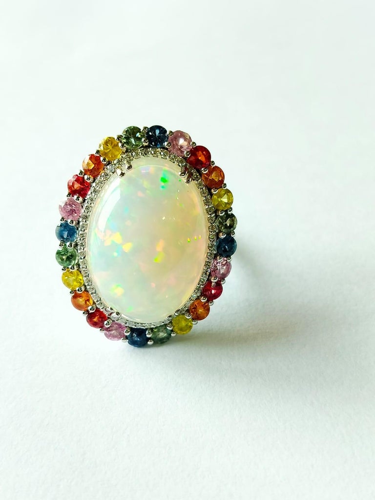 14.70 Carat Opal, Multi Sapphires & Diamonds Cocktail Ring