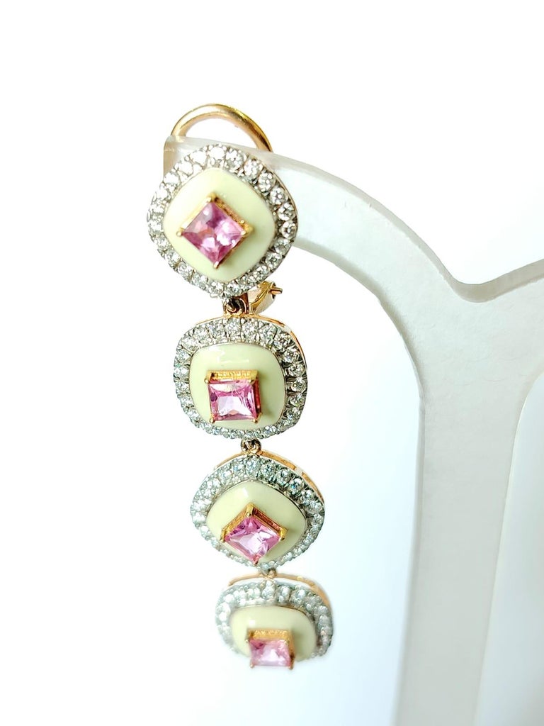 3.70 carats Pink Sapphire, White Enamel & Diamonds Chandelier/Dangle Earrings