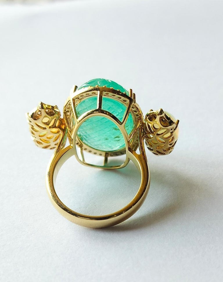 18K Gold 18.22 carat carved Russian Emerald, Opal & Diamond Cocktail Ring