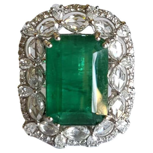 Natural Zambian Emerald & Rose Cut Diamonds Engagement Ring