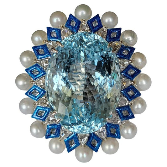 26.13 carats Aquamarine, Blue Enamel, Pearls & Diamonds Cocktail Ring