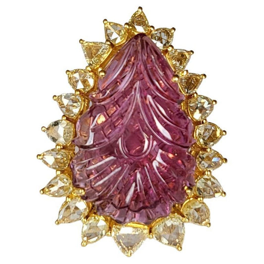 14.56 carats, carved natural Tourmaline & Yellow Rose Cut Diamonds Cocktail Ring
