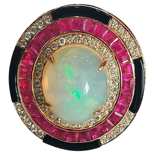 4.69 Carats Opal, Ruby, Black Onyx & Diamonds Cocktail Ring