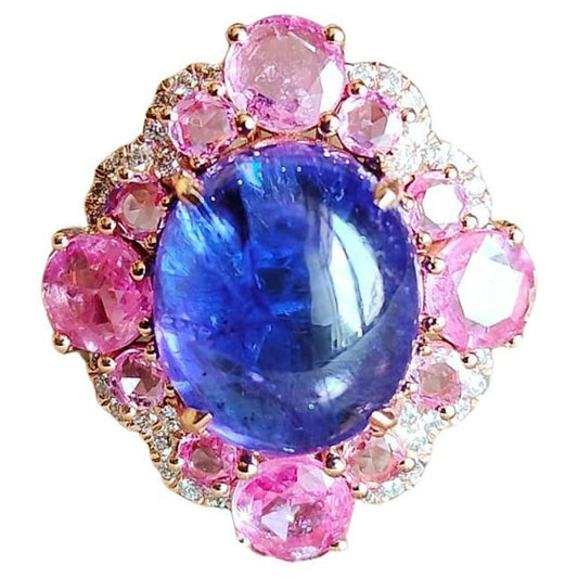 18K Gold, 9.00 Carats Tanzanite, Pink Sapphire & Diamond Cocktail Ring