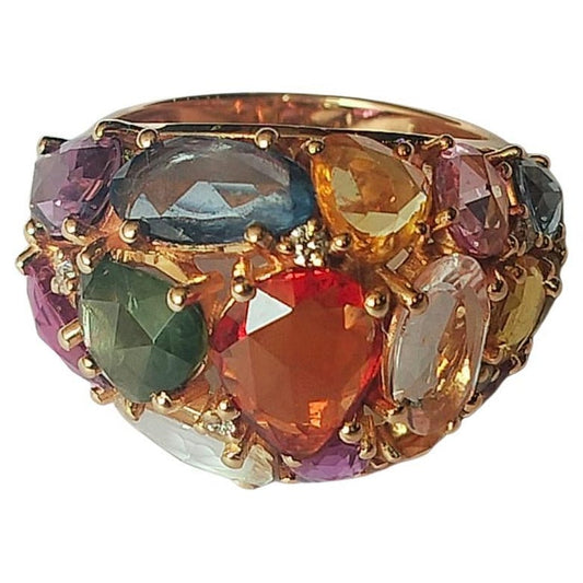 18K Yellow Gold, 10.16 carats Multi Sapphires & Diamond Cocktail Ring