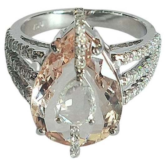 18K White Gold, 5.59 carats Morganite & Rose Cut Diamonds Engagement Ring