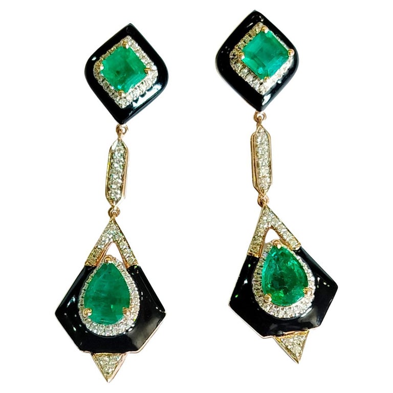 Art Deco 3.54 carats, natural Zambian Emerald Diamond & Enamel Dangle Earrings