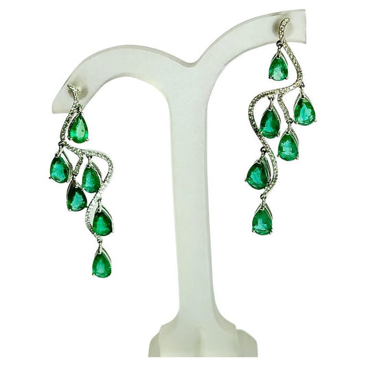 18K Gold, 7.81 carats, Zambian Emerald & Diamonds Chandelier Earrings