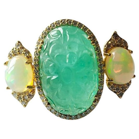 18K Gold 18.22 carat carved Russian Emerald, Opal & Diamond Cocktail Ring