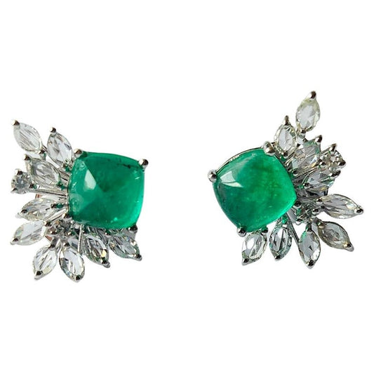 18K Gold, 4.33 Carat, Natural Emerald Sugarloaf & Diamonds Stud Earrings