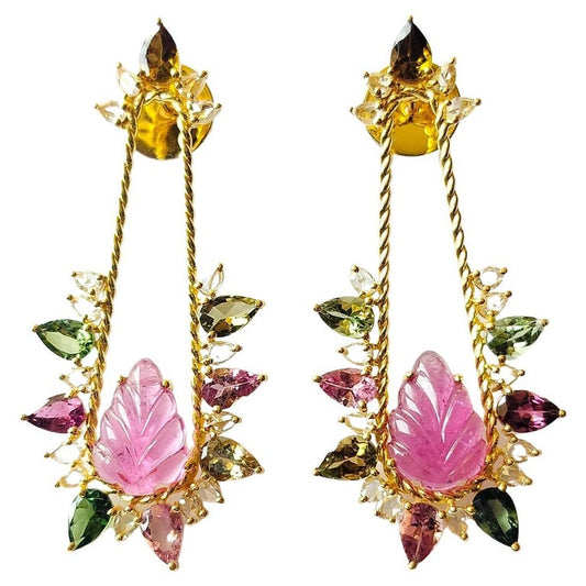 6.46 carats, carved Tourmaline, Multi Sapphire & Diamonds Chandelier Earrings