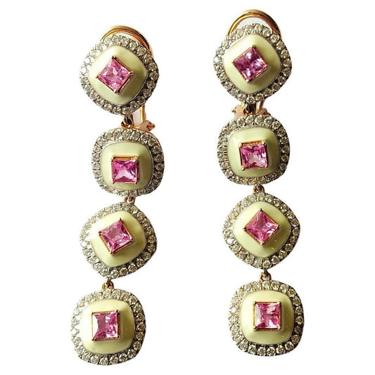 3.70 carats Pink Sapphire, White Enamel & Diamonds Chandelier/Dangle Earrings