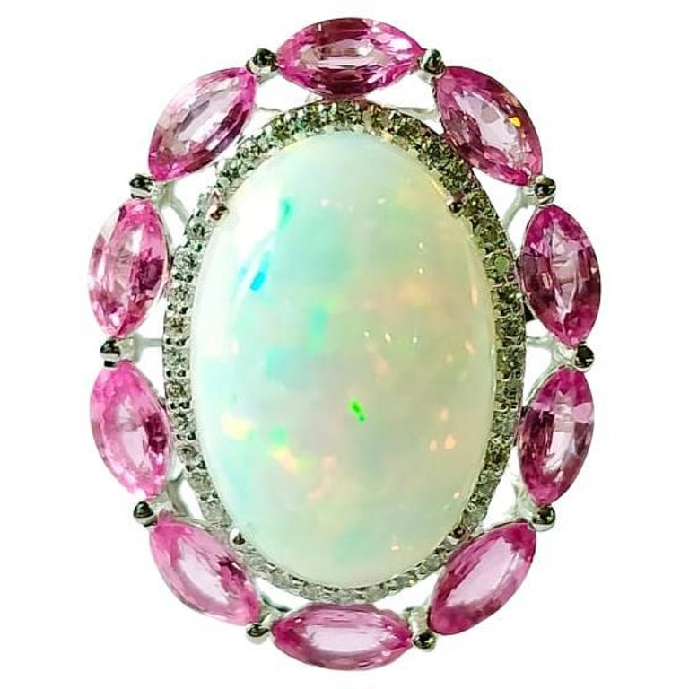 8.13 carats Ethiopian Opal, Pink Sapphires & Diamonds Cocktail Ring