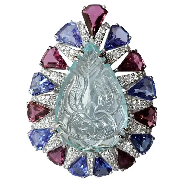 Pear Shape Carved Aquamarine, Rubellite & Tanzanite Cocktail Ring - 18k White Gold Diamond Statement Ring - Best Anniversary Gift