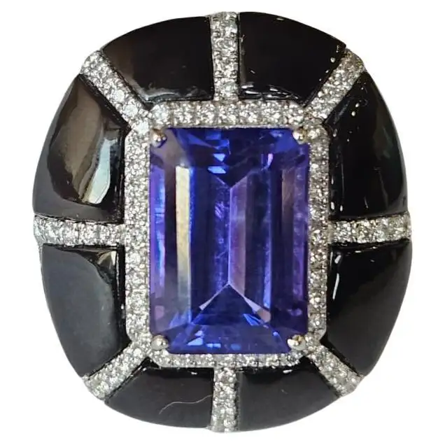 Natural Tanzanite & Black Onyx Gemstone Ring - 18k White Gold Handmade Ring - Pave Diamonds Ring