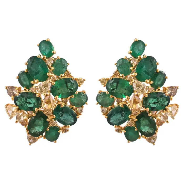 18k Yellow Gold Diamond Stud Earrings - Natural 6.05 Ct. Zambian Emerald Women Jewelry