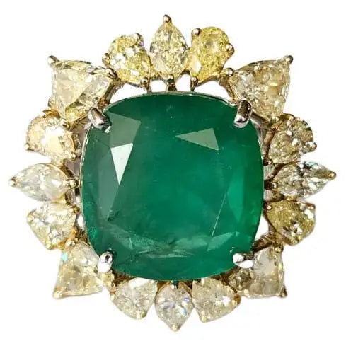 12.60 Cushion Shape Zambian Emerald Ring - 18k Yellow Gold Wedding Ring With Yellow Diamonds