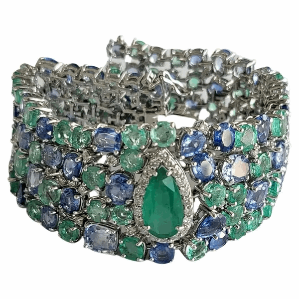 Zambian Emeralds Blue Sapphires Set in 18K Gold & Diamonds Modern Bracelets