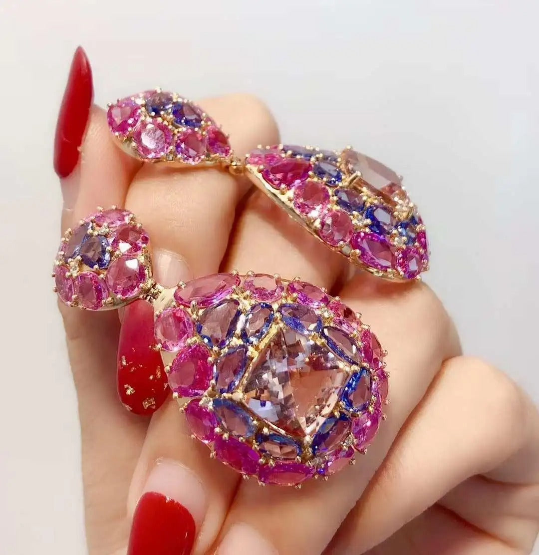 Morganite pink and blue sapphire earrings